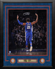 Joel Embiid Raised Hands Philadelphia 76ers Autographed 16" x 20" Framed Basketball Photo - Dynasty Sports & Framing 