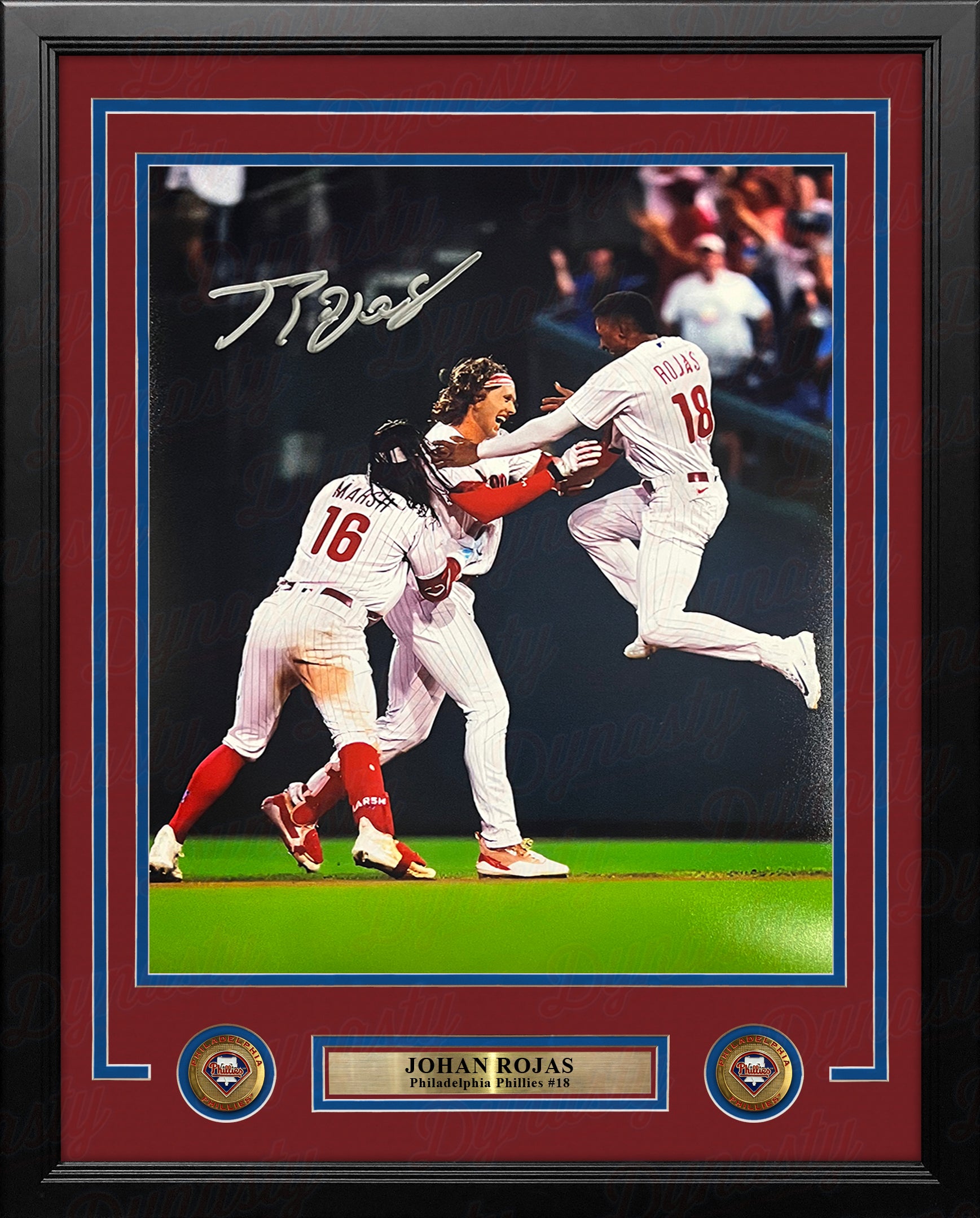 Johan Rojas Celebration Philadelphia Phillies Autographed 16" x 20" Framed Baseball Photo