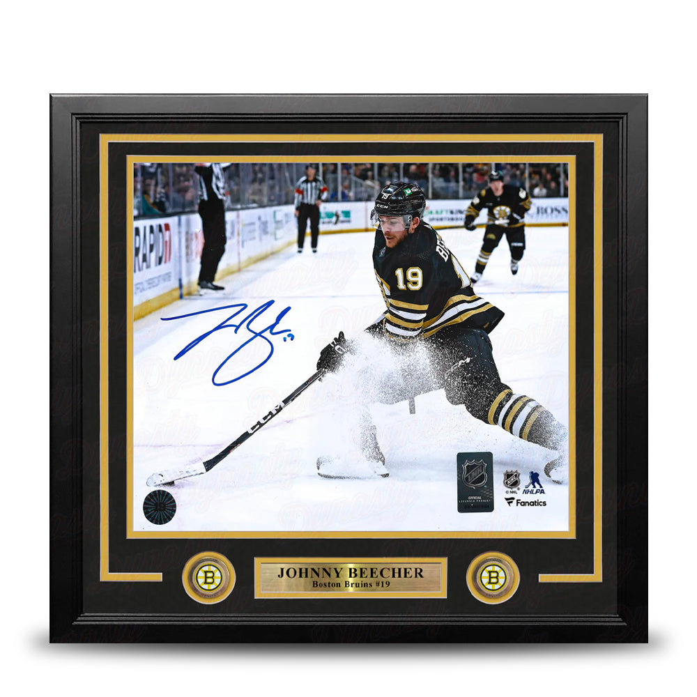 Johnny Beecher in Action Boston Bruins Autographed 16" x 20" Framed Hockey Photo
