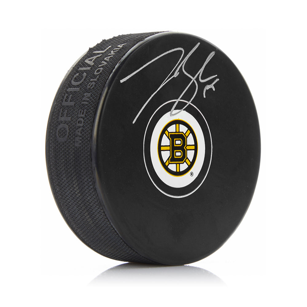 Johnny Beecher Autographed Boston Bruins Hockey Logo Puck