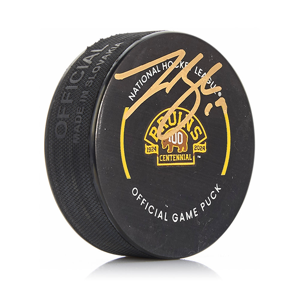 Johnny Beecher Boston Bruins Autographed 100th Anniversary Hockey Game Puck