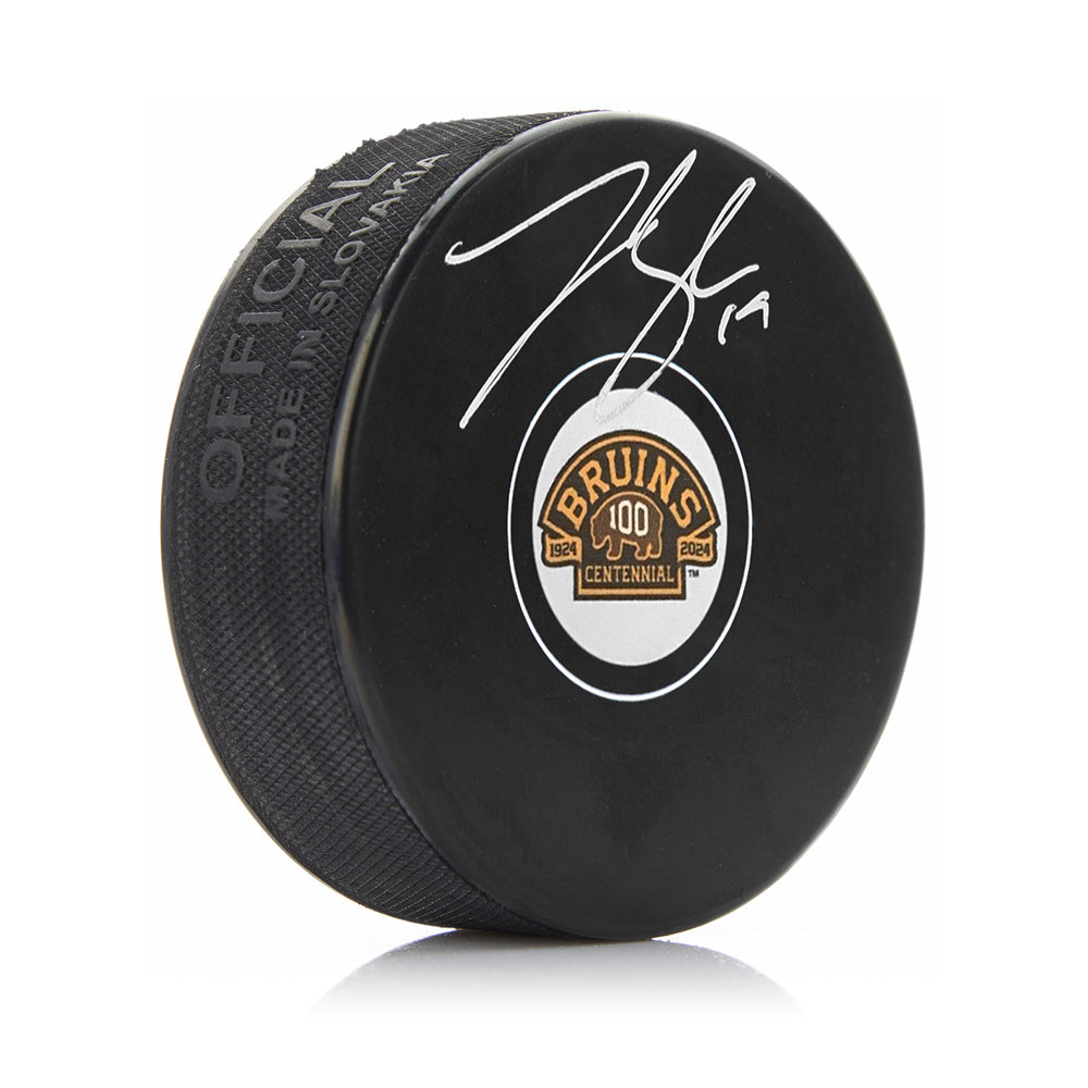 Johnny Beecher Autographed Boston Bruins 100th Anniversary Hockey Logo Puck