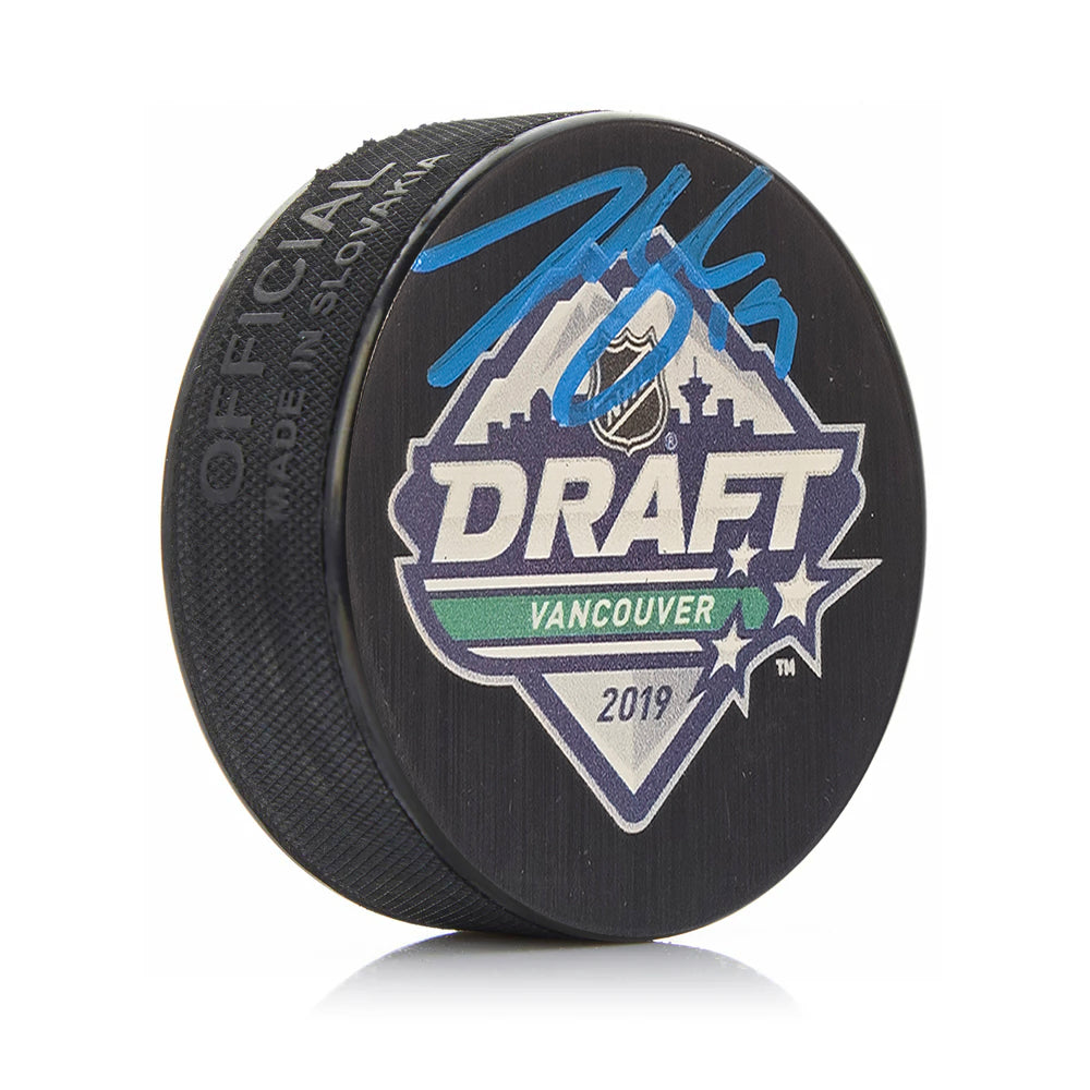 Johnny Beecher Autographed Boston Bruins 2019 Draft Hockey Logo Puck - Blue Signature