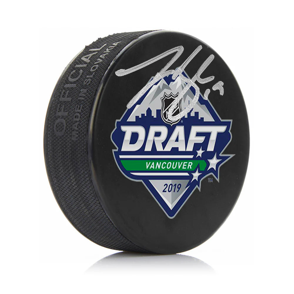 Johnny Beecher Autographed Boston Bruins 2019 Draft Hockey Logo Puck - Silver Signature