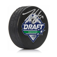 Johnny Beecher Autographed Boston Bruins 2019 Draft Hockey Logo Puck - Silver Signature - Dynasty Sports & Framing 