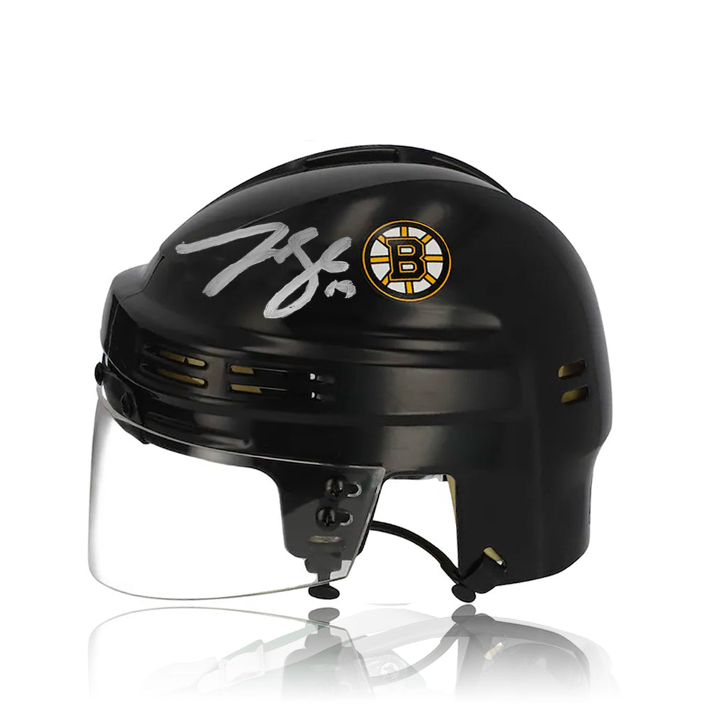 Matthew Poitras & Johnny Beecher Boston Bruins Autographed NHL Hockey Bauer Black Mini-Helmet
