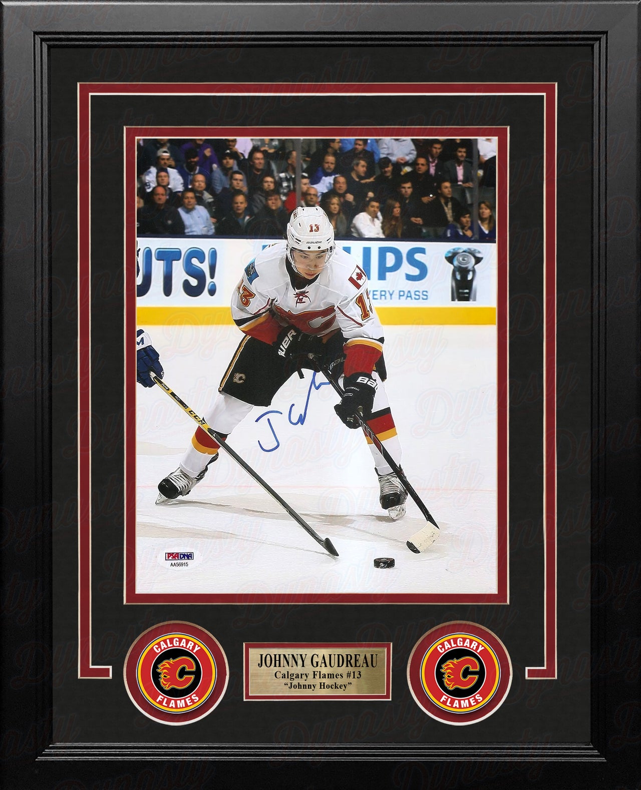 Johnny Gaudreau Fights for the Puck Calgary Flames Autographed 8" x 10" Framed Hockey Photo