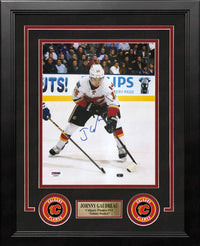 Johnny Gaudreau Fights for the Puck Calgary Flames Autographed 8" x 10" Framed Hockey Photo