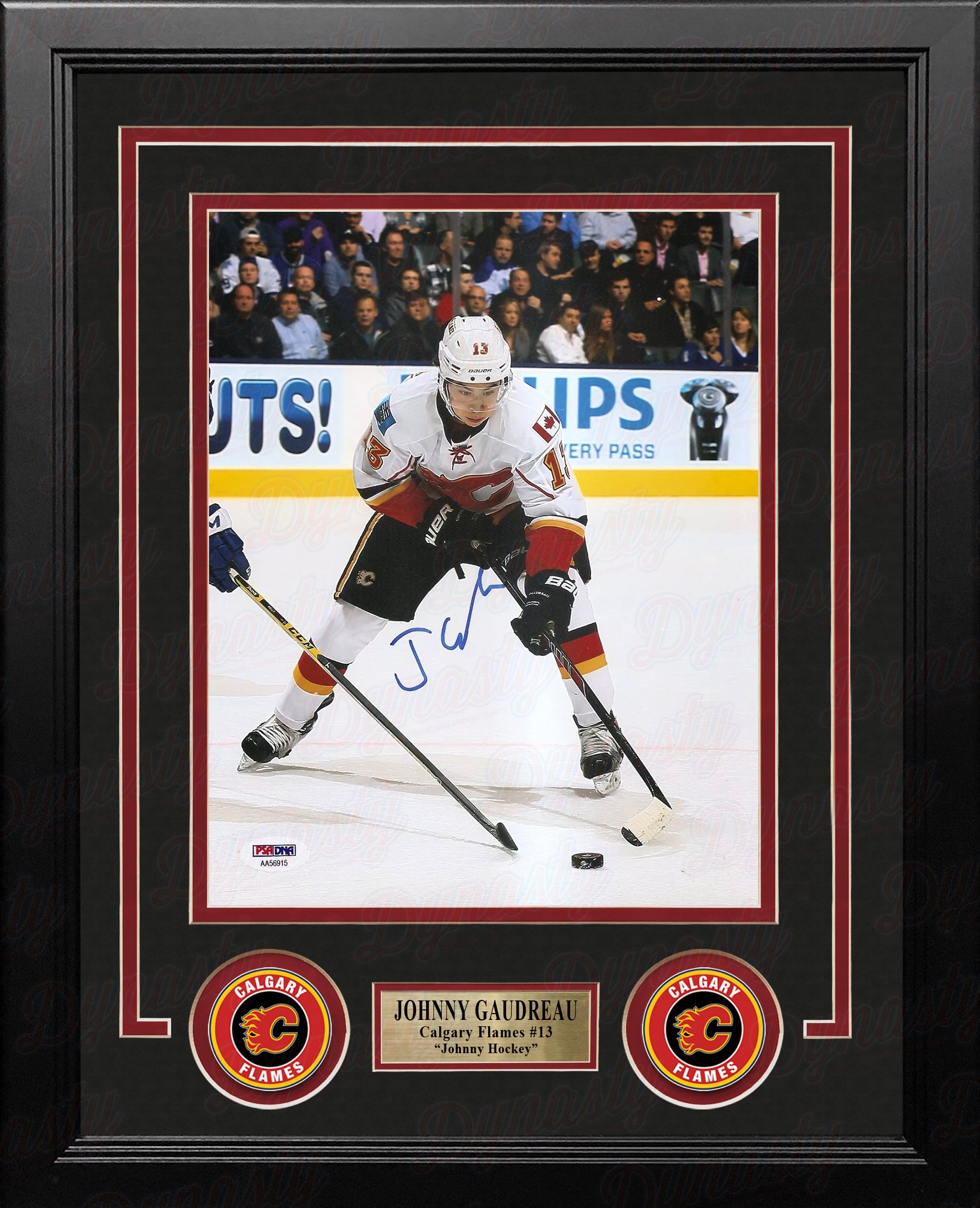 Johnny Gaudreau Fights for the Puck Calgary Flames Autographed 8" x 10" Framed Hockey Photo