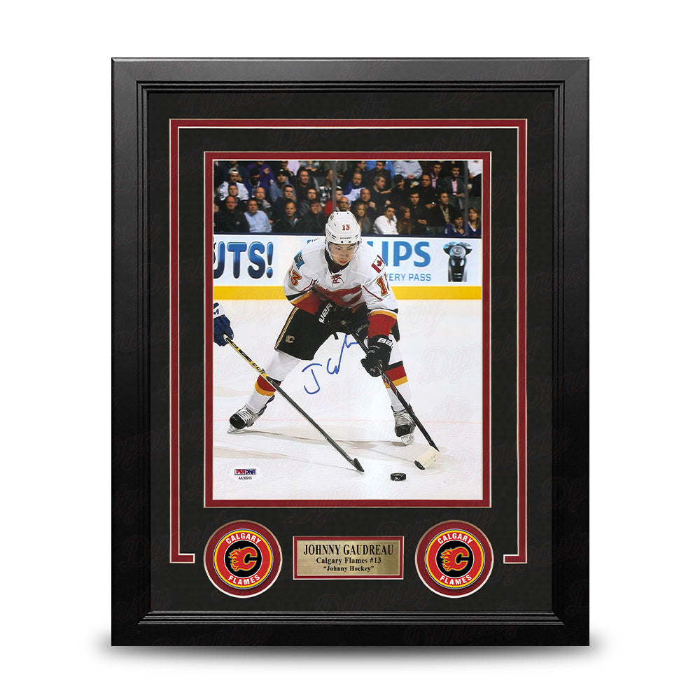 Johnny Gaudreau Fights for the Puck Calgary Flames Autographed 8" x 10" Framed Hockey Photo