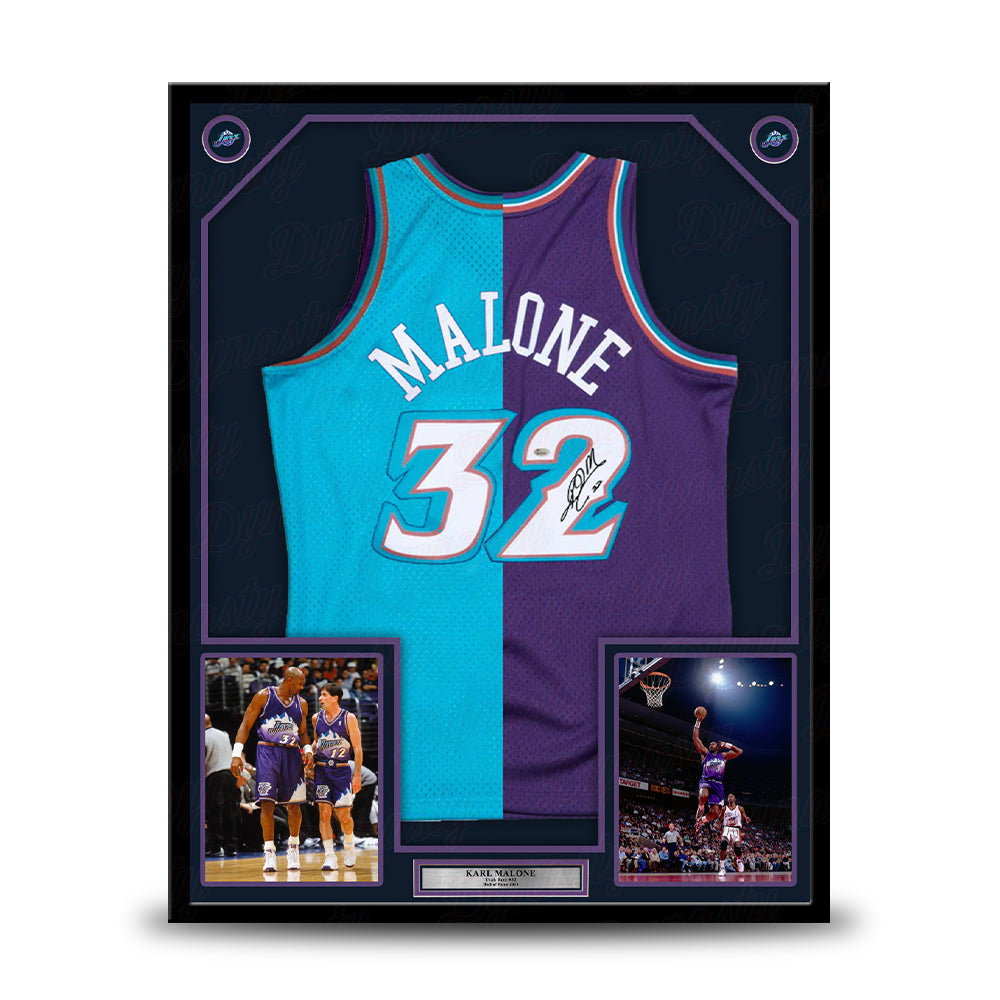 Karl Malone Utah Jazz Autographed Framed Mitchell & Ness Split Basketball Jersey