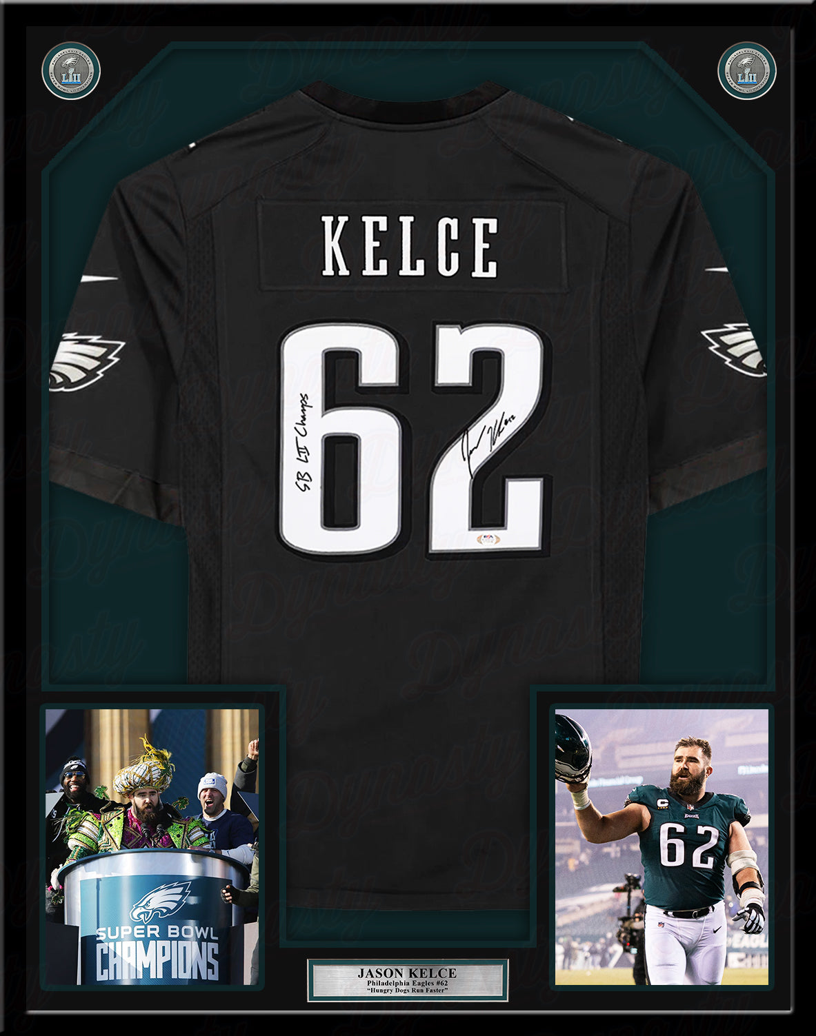 Jason Kelce Philadelphia Eagles Autographed Framed Black Nike Game Jersey with SB Champs Inscription - Dynasty Sports & Framing 