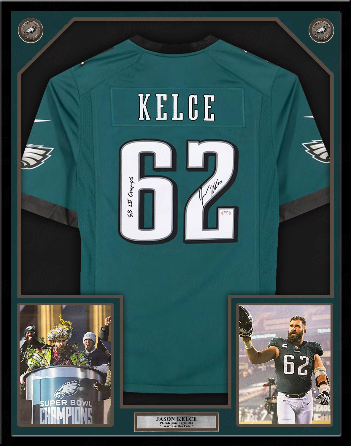 Jason Kelce Philadelphia Eagles Autographed Framed Green Nike Game Jersey with SB Champs Inscription - Dynasty Sports & Framing 