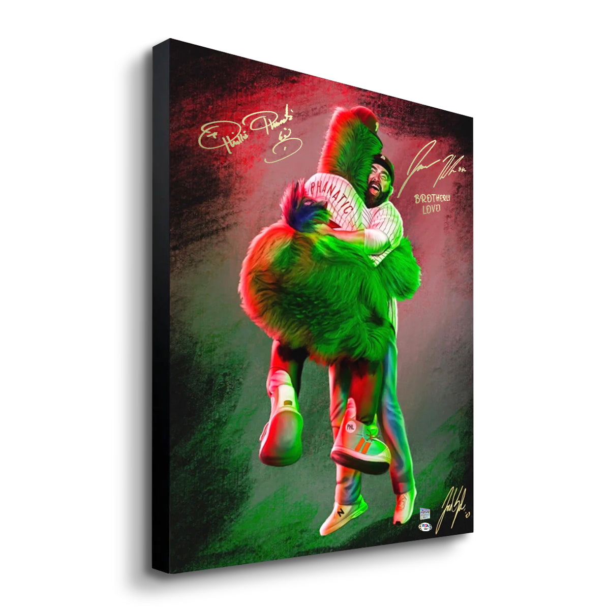 The Phillie Phanatic & Jason Kelce Jordan Spector Autographed Canvas Print Inscribed Brotherly Love