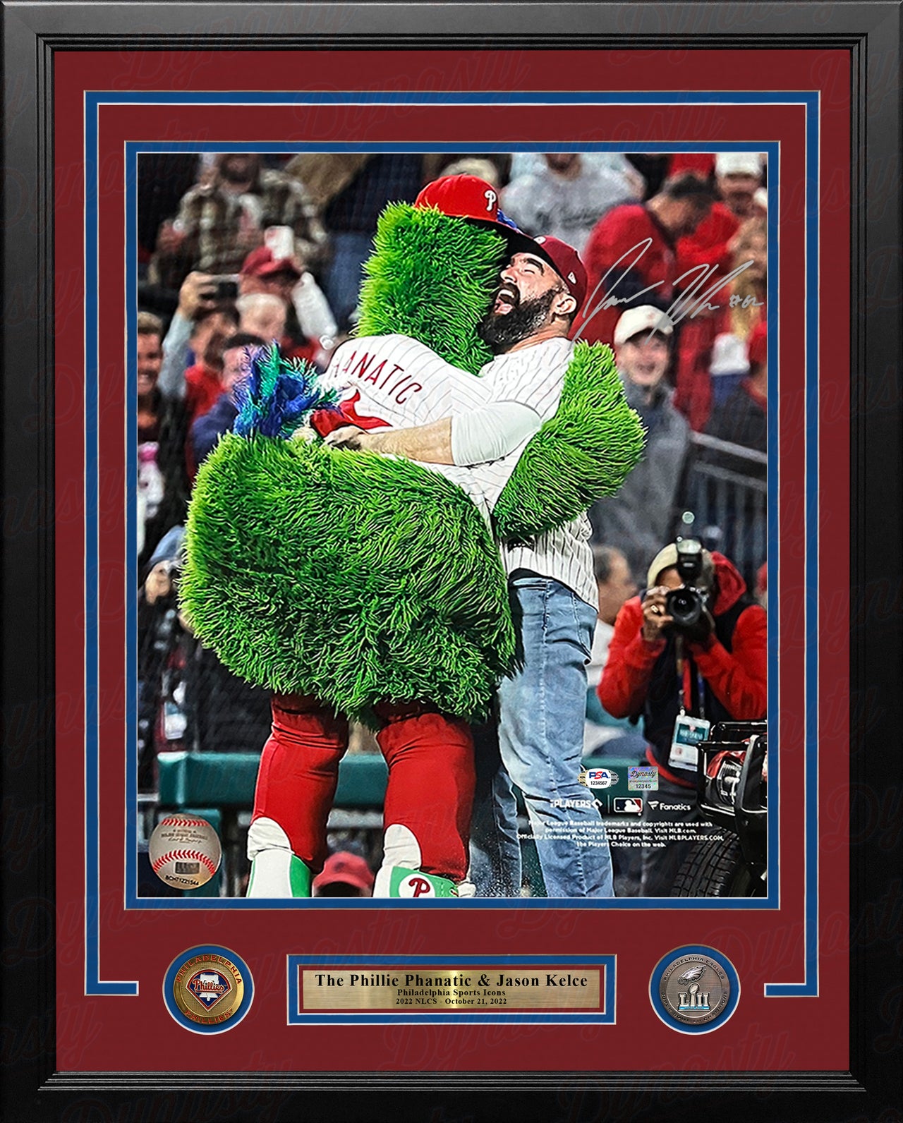 Jason Kelce Hugs the Phillie Phanatic 2022 NLCS Autographed 16" x 20" Framed Baseball Photo