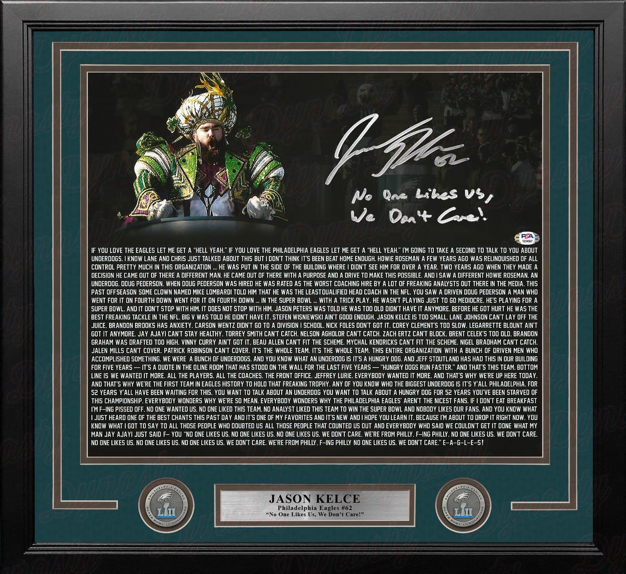 Jason Kelce Super Bowl Speech Text Eagles Autographed 16x20 Framed Photo - No One Likes Us - Dynasty Sports & Framing 