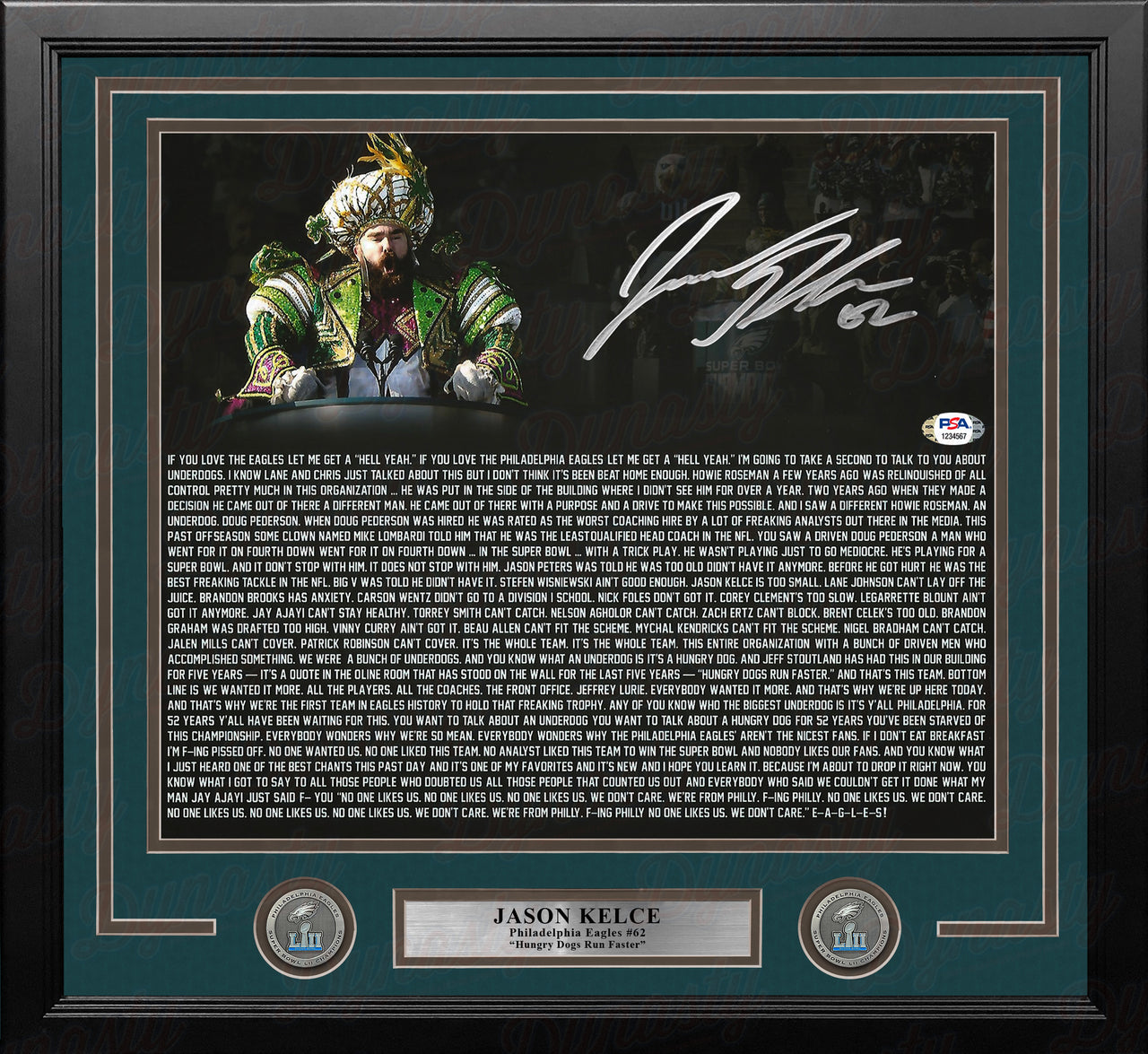 Jason Kelce Super Bowl Speech Text Philadelphia Eagles Autographed 11x14 Framed Photo - PSA - Dynasty Sports & Framing 