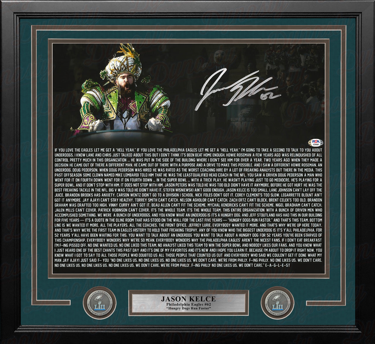Jason Kelce Super Bowl Speech Text Philadelphia Eagles Autographed 16x20 Framed Photo - PSA - Dynasty Sports & Framing 
