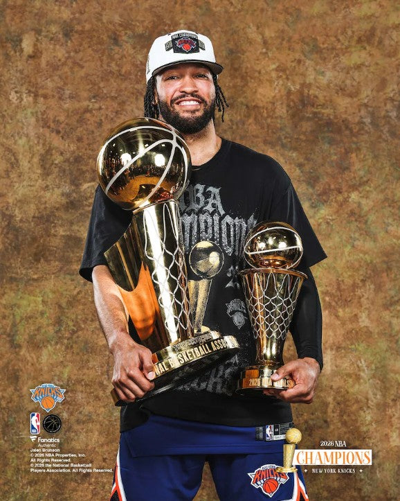 Jalen Brunson Posing with Trophies New York Knicks 8" x 10" 2026 NBA Champions Basketball Photo