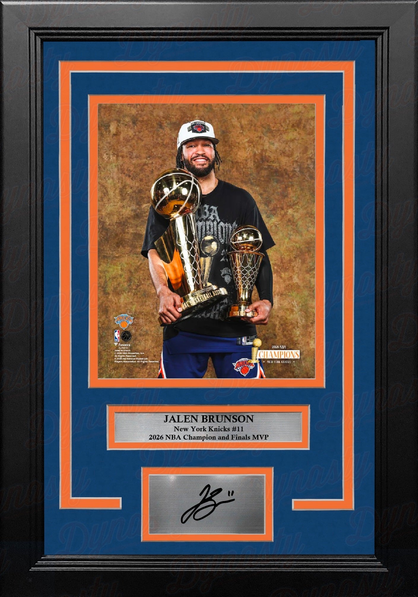 Jalen Brunson Trophies New York Knicks 8x10 2026 NBA Champions Framed Photo with Engraved Autograph