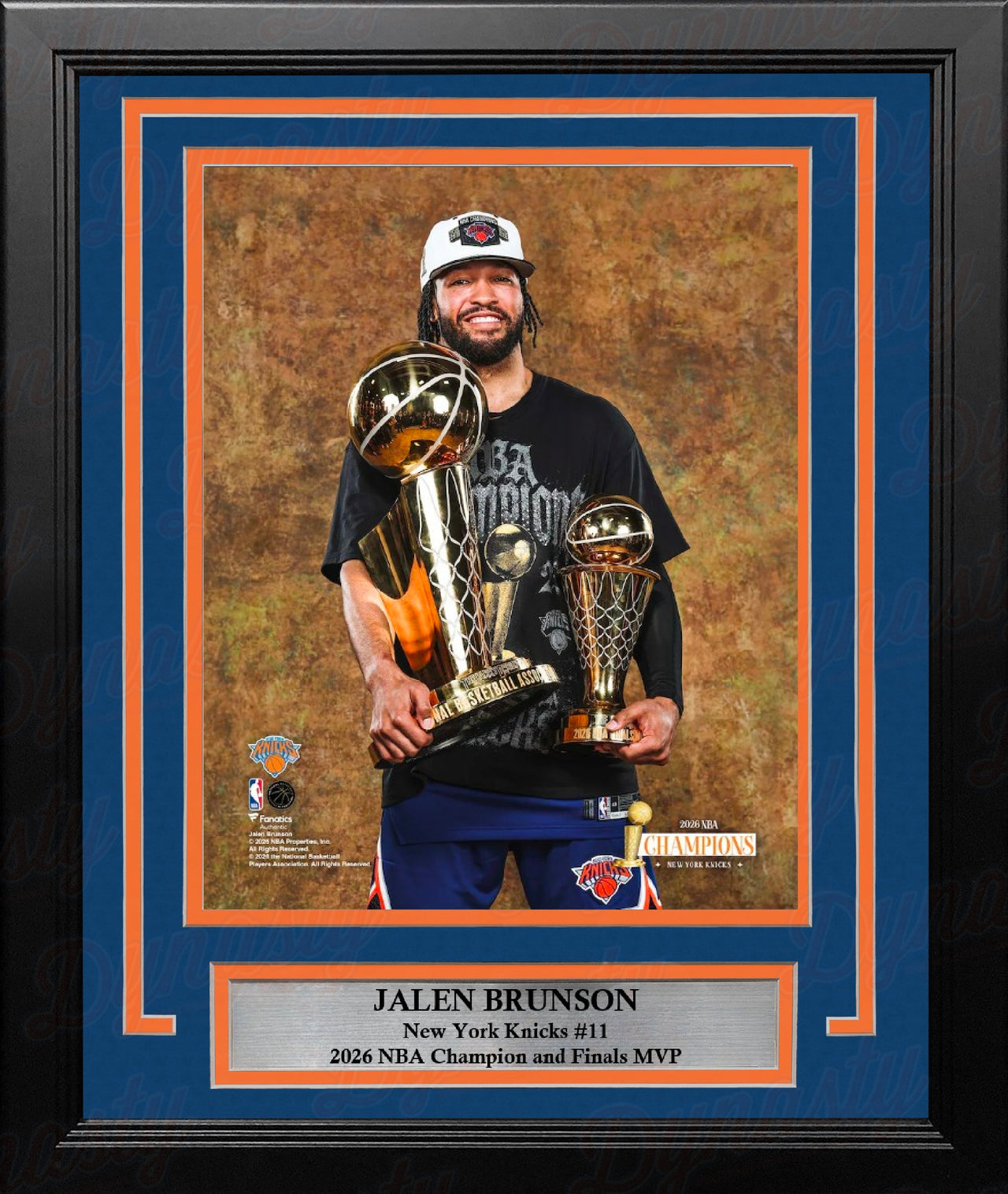 Jalen Brunson Posing with Trophies New York Knicks 8x10 2026 NBA Champions Framed Basketball Photo