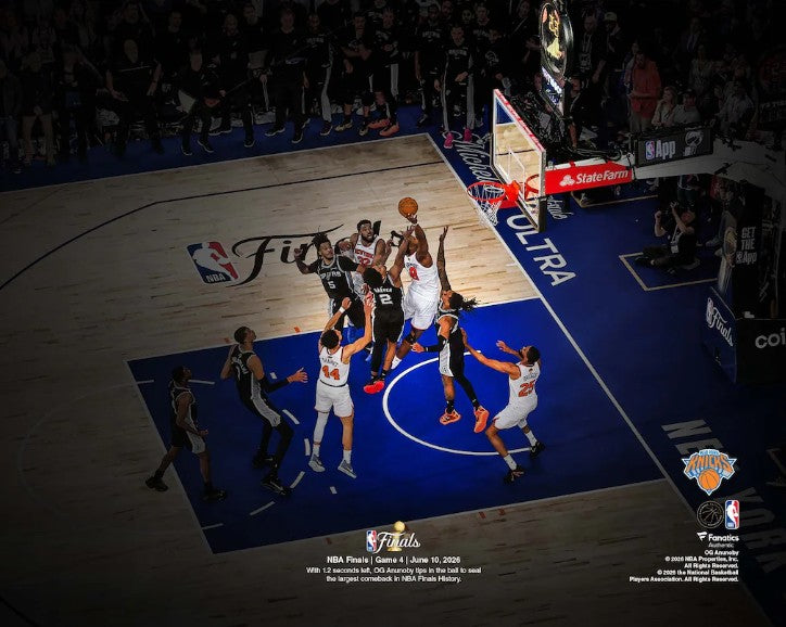 Photo of Knicks basketball star OG Anunoby making his game-winning tip-in with 1.2 seconds left in Game 4 of 2026 NBA Finals, marking the largest comeback in NBA Finals history.
