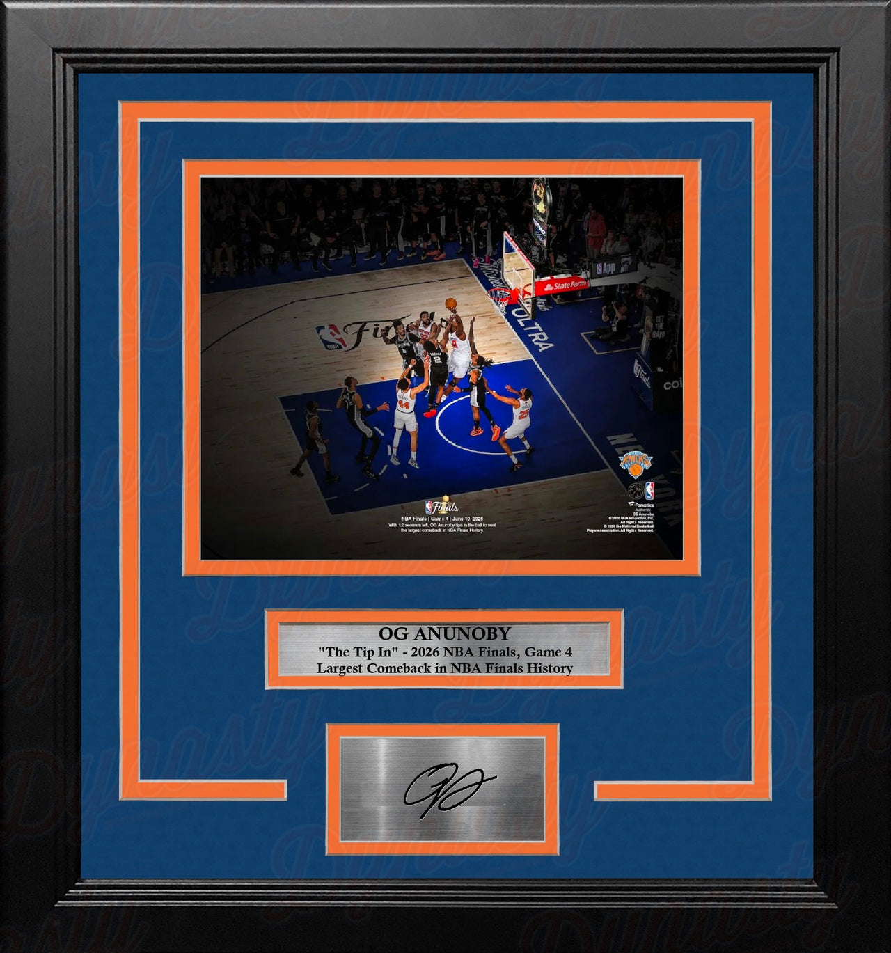 Framed photo with nameplate and replica autograph of Knicks basketball star OG Anunoby making his game-winning tip-in with 1.2 seconds left in Game 4 of 2026 NBA Finals, marking the largest comeback in NBA Finals history.