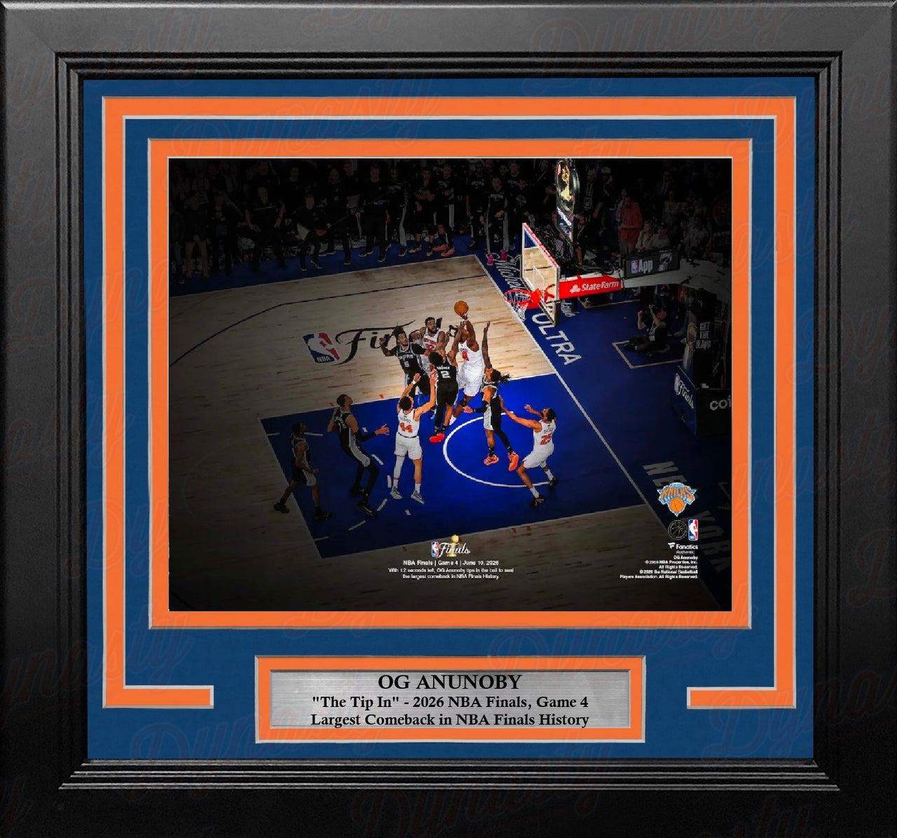 Framed photo with nameplate of Knicks basketball star OG Anunoby making his game-winning tip-in with 1.2 seconds left in Game 4 of 2026 NBA Finals, marking the largest comeback in NBA Finals history.