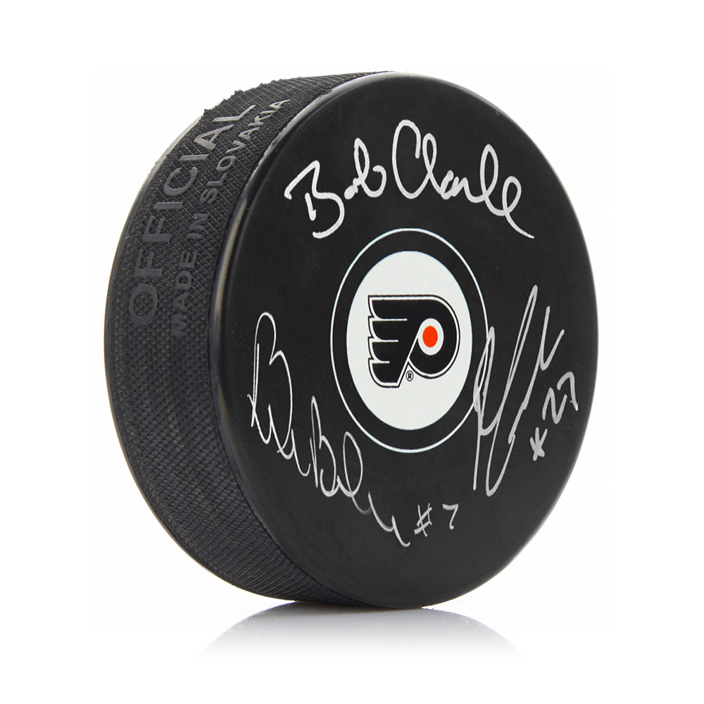 LCB Line (Bob Clarke, Bill Barber, Reggie Leach) Autographed Philadelphia Flyers Hockey Logo Puck