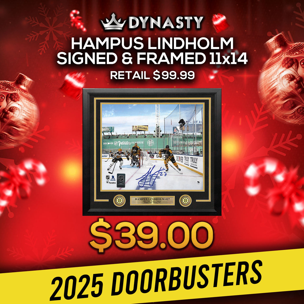 Hampus Lindholm Bruins Winter Classic Fenway Signed 11"x14" Framed Photo | Doorbuster