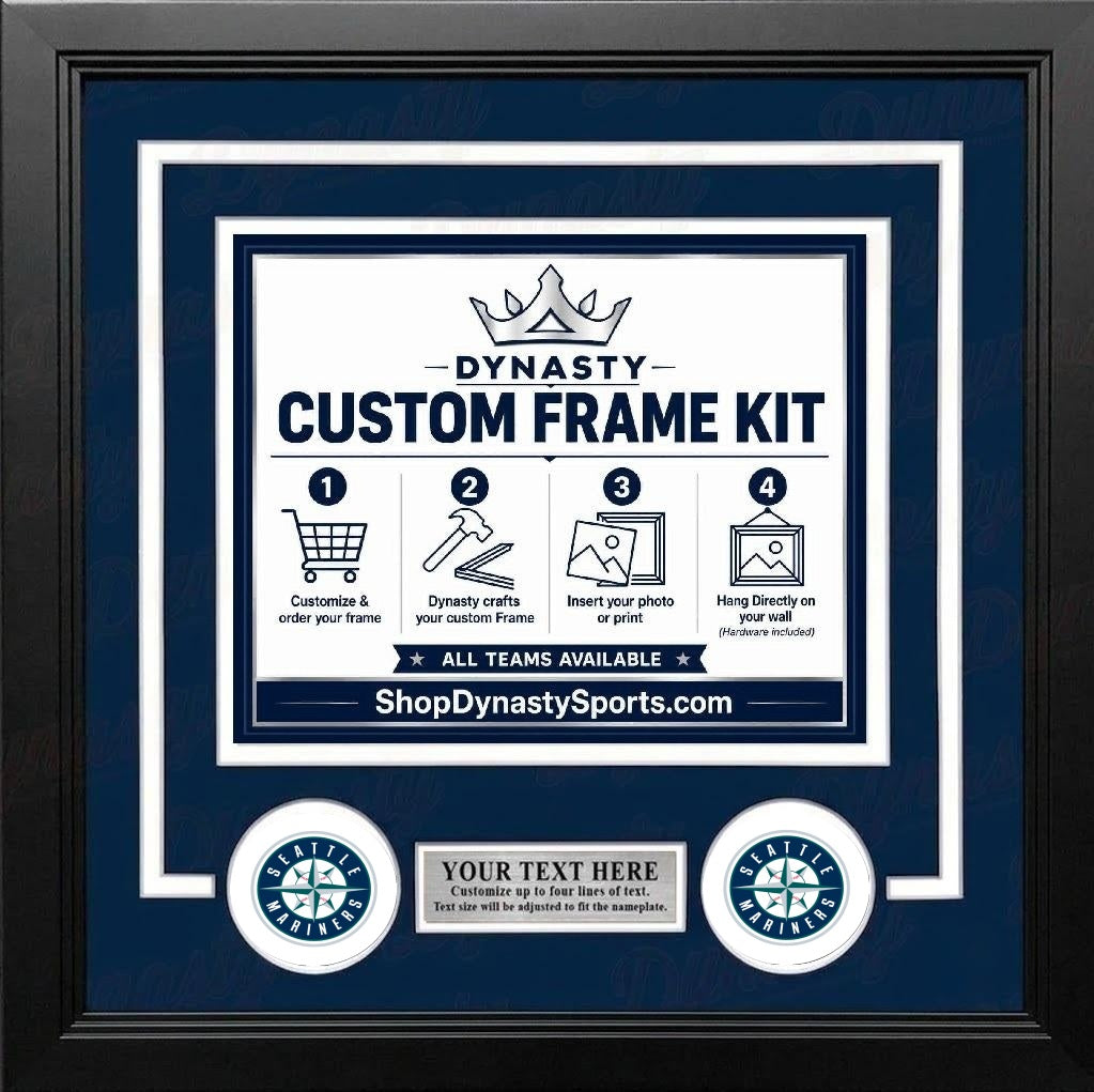 Seattle Mariners Custom MLB Baseball Picture Frame Kit with Navy Blue Matting, White Trim, a Silver Nameplate, and Mariners logos