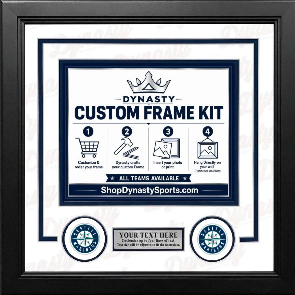 Seattle Mariners Custom MLB Baseball Picture Frame Kit with White Matting, Navy Blue Green Trim, a Silver Nameplate, and Mariners logos