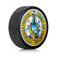 Mark Recchi Pittsburgh Penguins 1992 Stanley Cup Champions Autographed Hockey Logo Puck - Dynasty Sports & Framing 