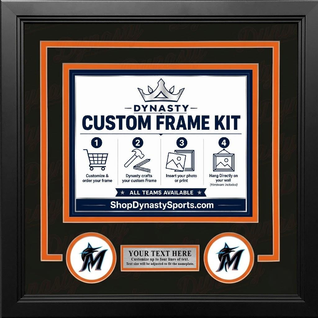 Miami Marlins Custom MLB Baseball Picture Frame Kit with Black Matting, Orange Trim, a Silver Nameplate, and Marlins logos