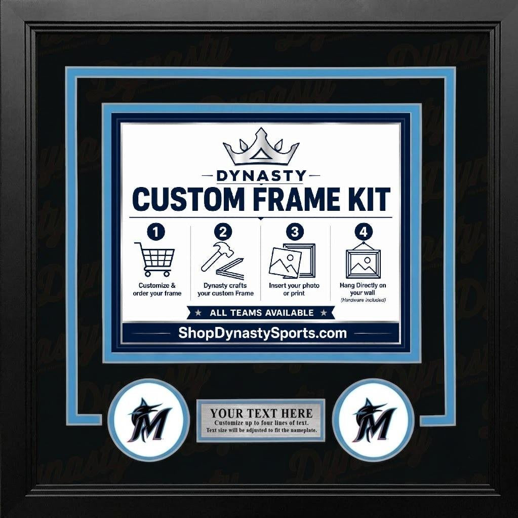 Miami Marlins Custom MLB Baseball Picture Frame Kit with Black Matting, Sky Blue Trim, a Silver Nameplate, and Marlins logos