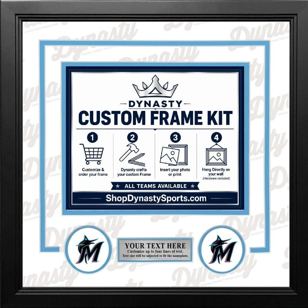 Miami Marlins Custom MLB Baseball Picture Frame Kit with White Matting, Sky Blue Trim, a Silver Nameplate, and Marlins logos