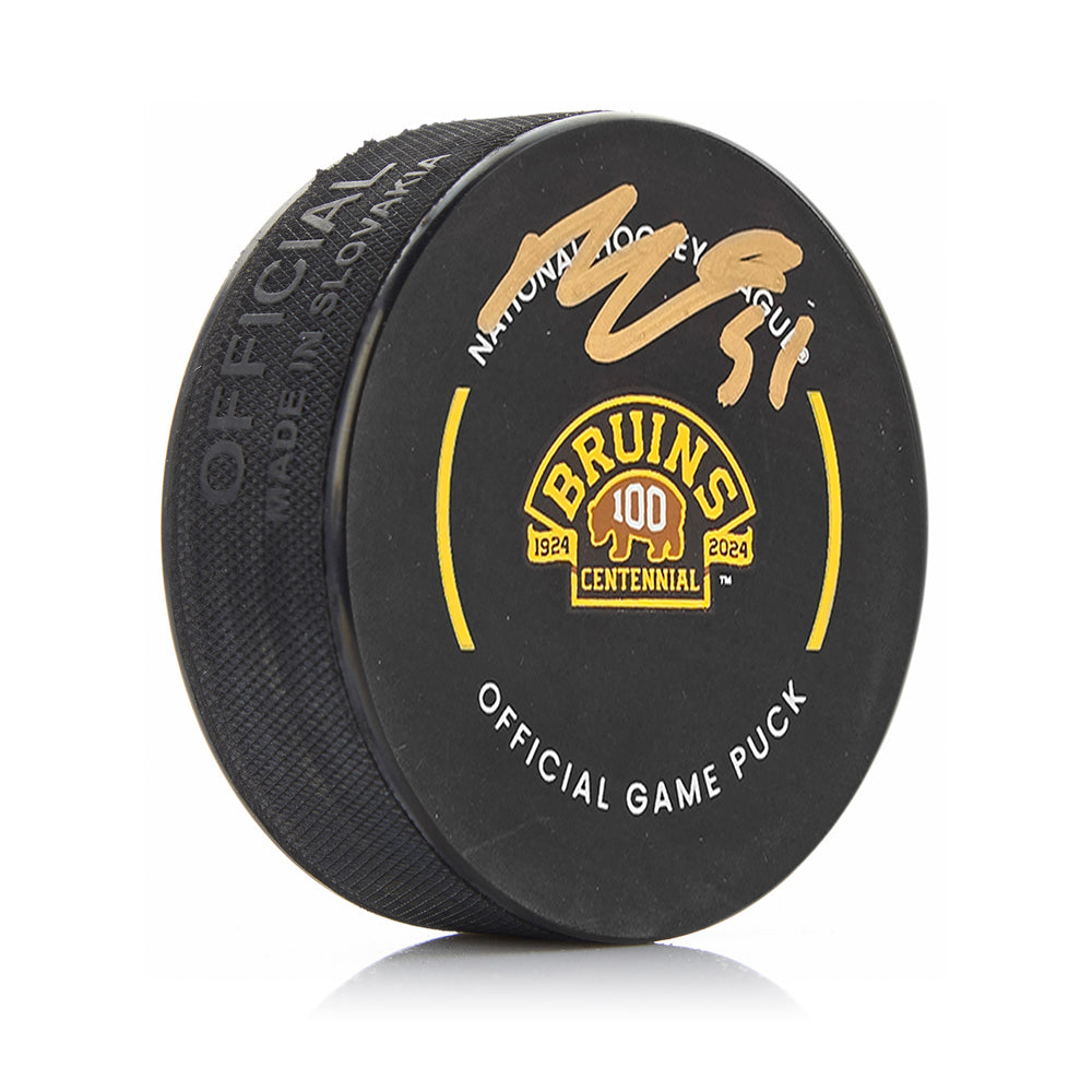 Matthew Poitras Boston Bruins Autographed 100th Anniversary Hockey Game Puck