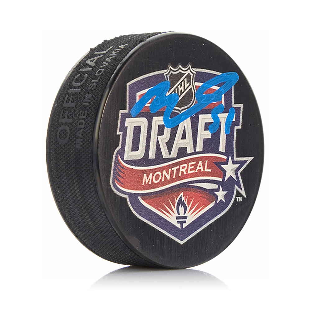 Matthew Poitras Autographed Boston Bruins 2022 Draft Hockey Logo Puck