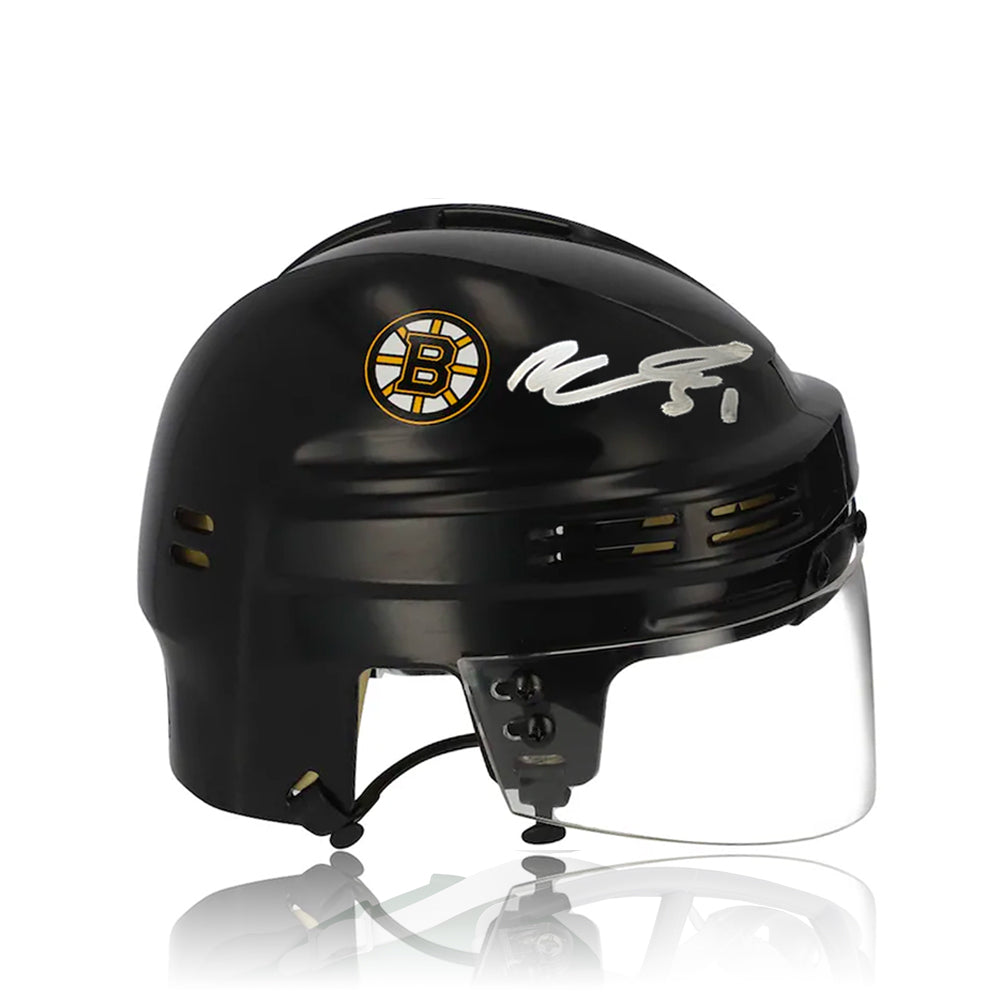 Matthew Poitras & Johnny Beecher Boston Bruins Autographed NHL Hockey Bauer Black Mini-Helmet