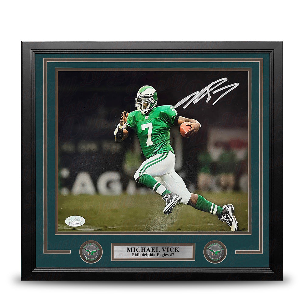 Michael Vick in Kelly Green Philadelphia Eagles Autographed Framed 16" x 20" Blackout Football Photo