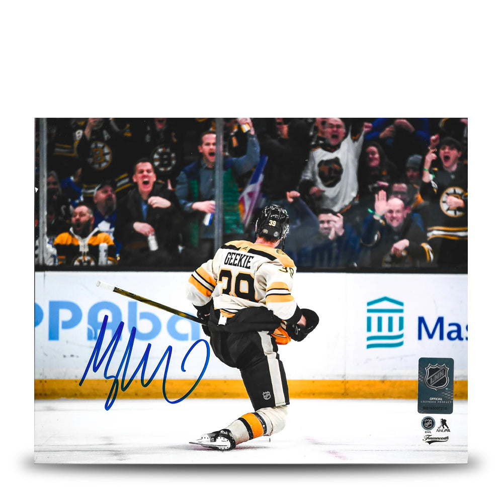 Morgan Geekie Celebration Boston Bruins Autographed 8" x 10" Hockey Photo