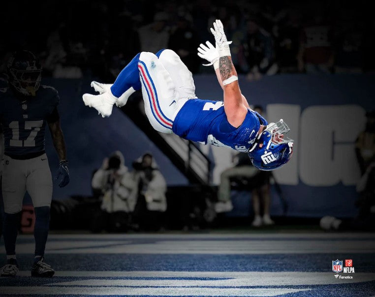 Cam Skattebo Touchdown Celebration Backflip New York Giants 8" x 10" Blackout Football Photo