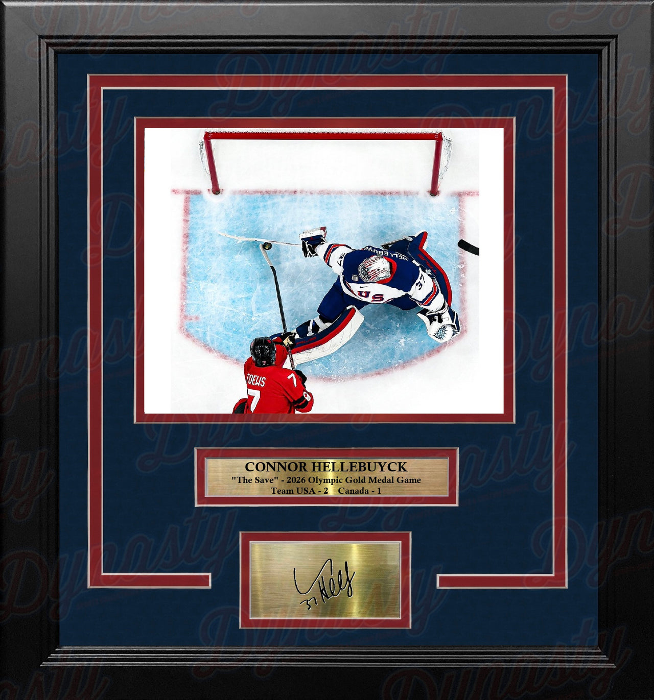 Connor Hellebuyck Save v. Toews 8" x 10" Framed Olympics Hockey Photo with Engraved Autograph