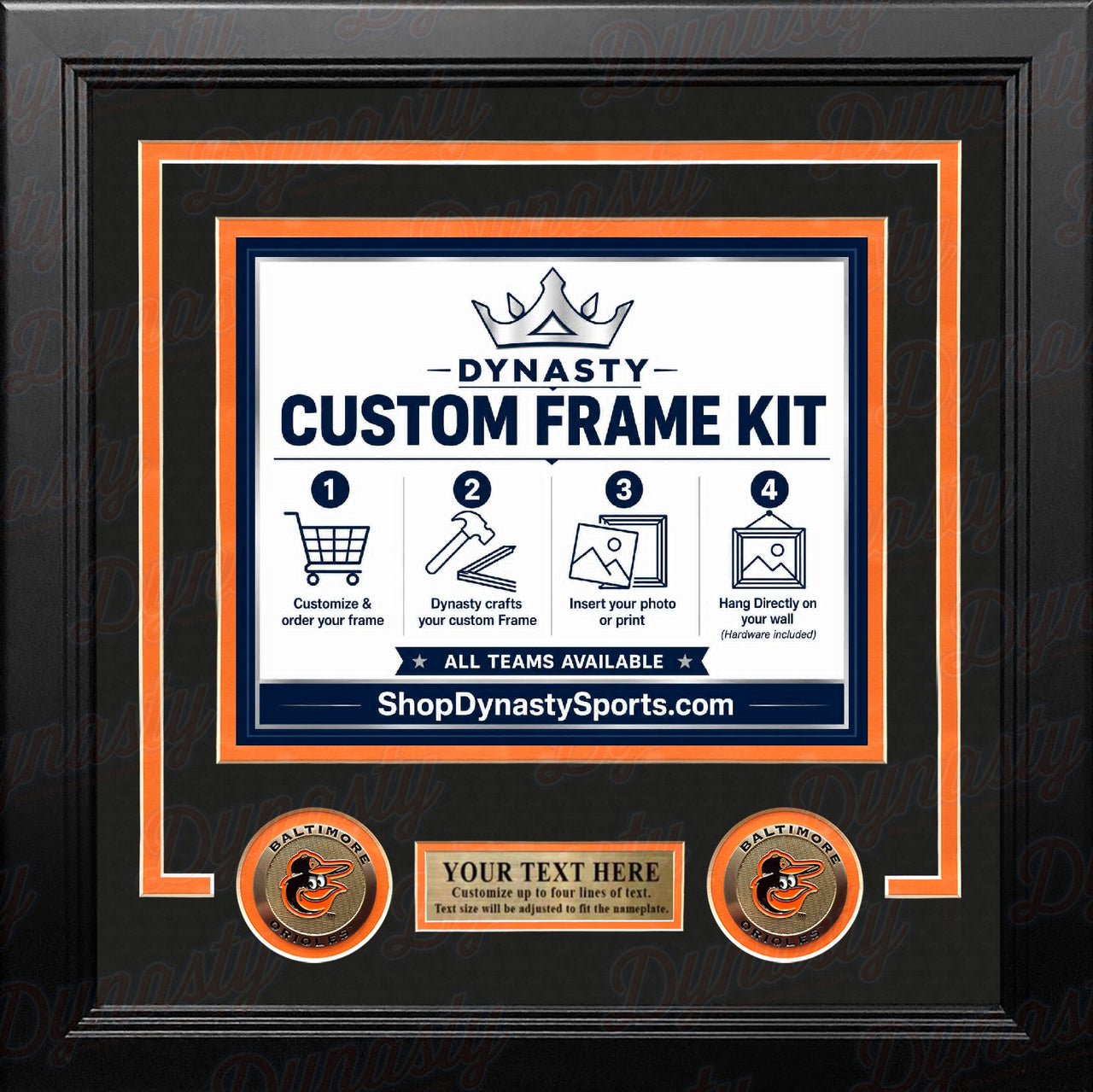 Baltimore Orioles Custom MLB Baseball Picture Frame Kit with Black Matting, Orange Trim, a Gold Nameplate, and Orioles medallions