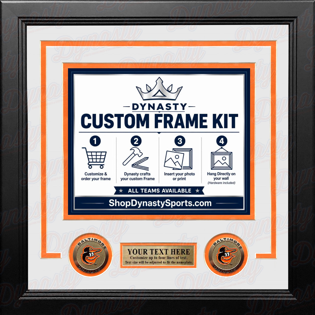 Baltimore Orioles Custom MLB Baseball Picture Frame Kit with White Matting, Orange Trim, a Gold Nameplate, and Orioles medallions