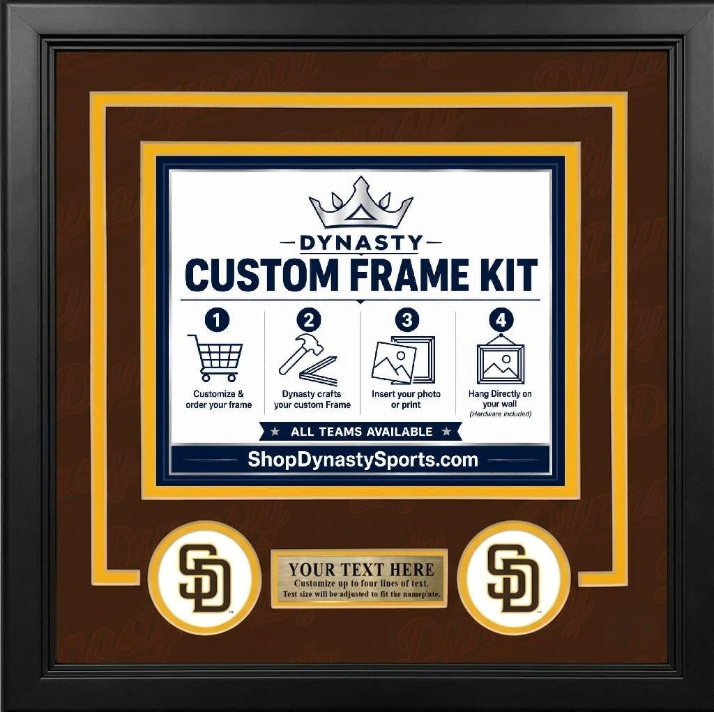 San Diego Padres Custom MLB Baseball Picture Frame Kit with Brown Matting, Yellow Trim, a Gold Nameplate, and Padres logos