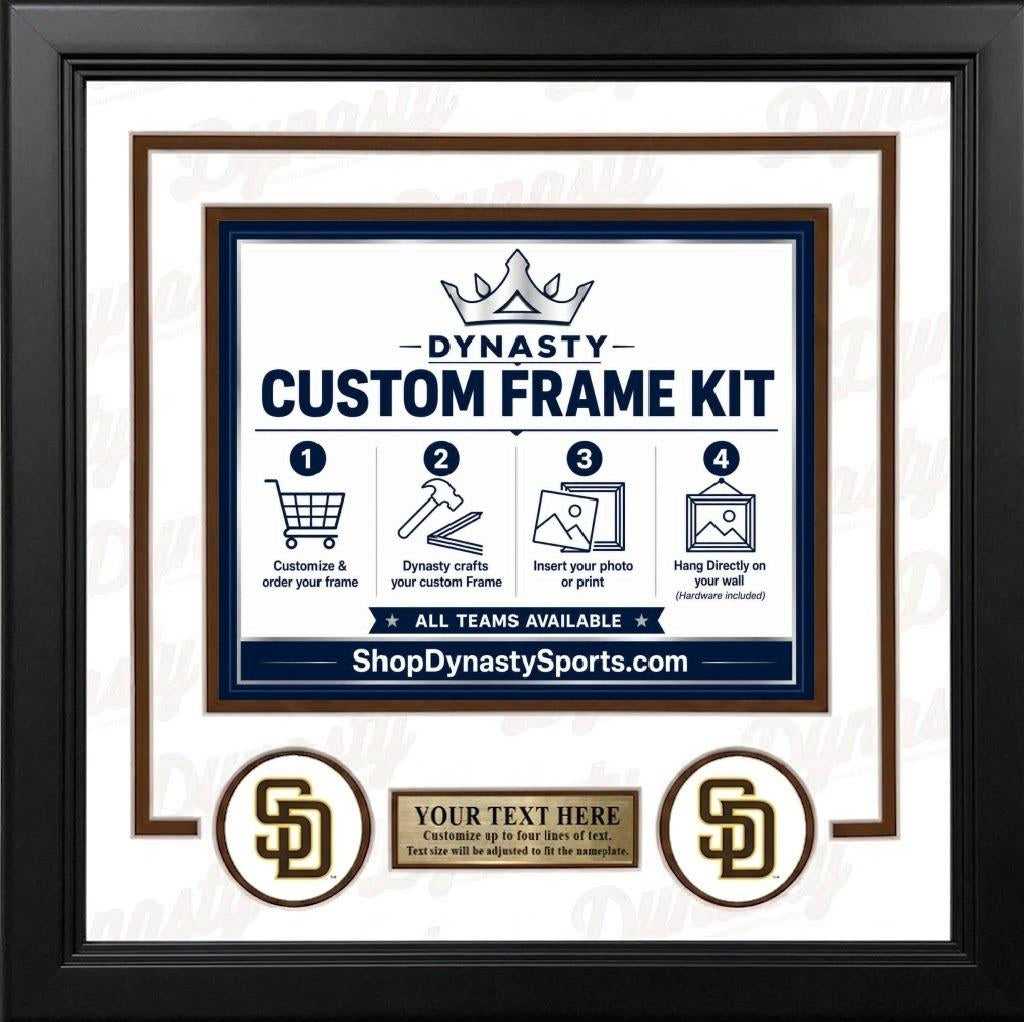 San Diego Padres Custom MLB Baseball Picture Frame Kit with White Matting, Brown Trim, a Gold Nameplate, and Padres logos