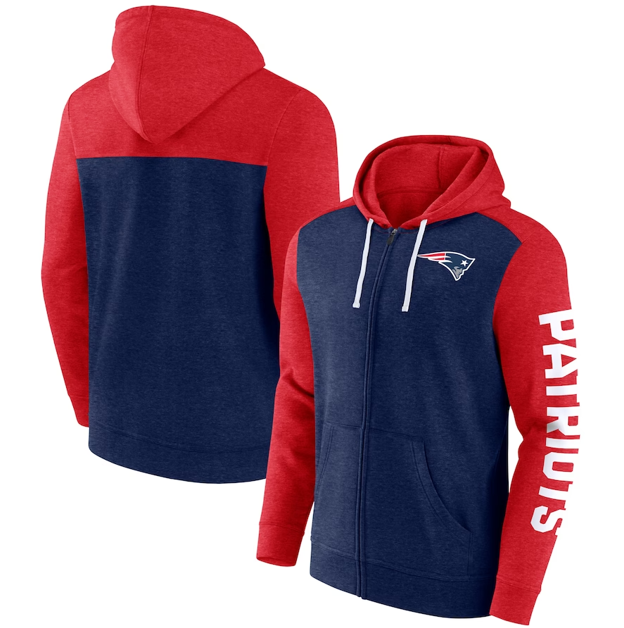 New England Patriots Heather Navy Blue Down and Distance Full-Zip Hoodie