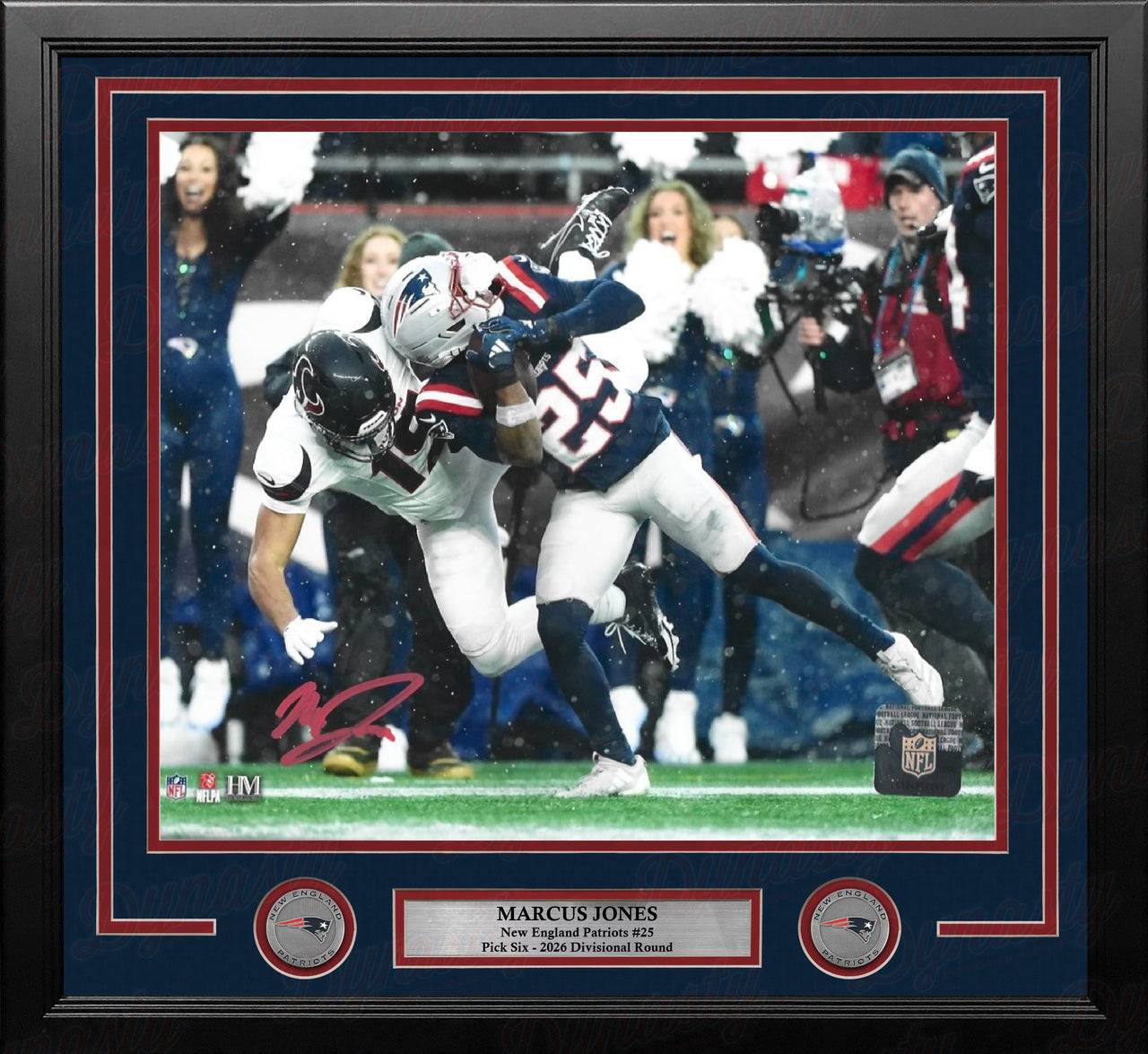 Marcus Jones New England Patriots Signed Pick Six 16" x 20" Framed Photo