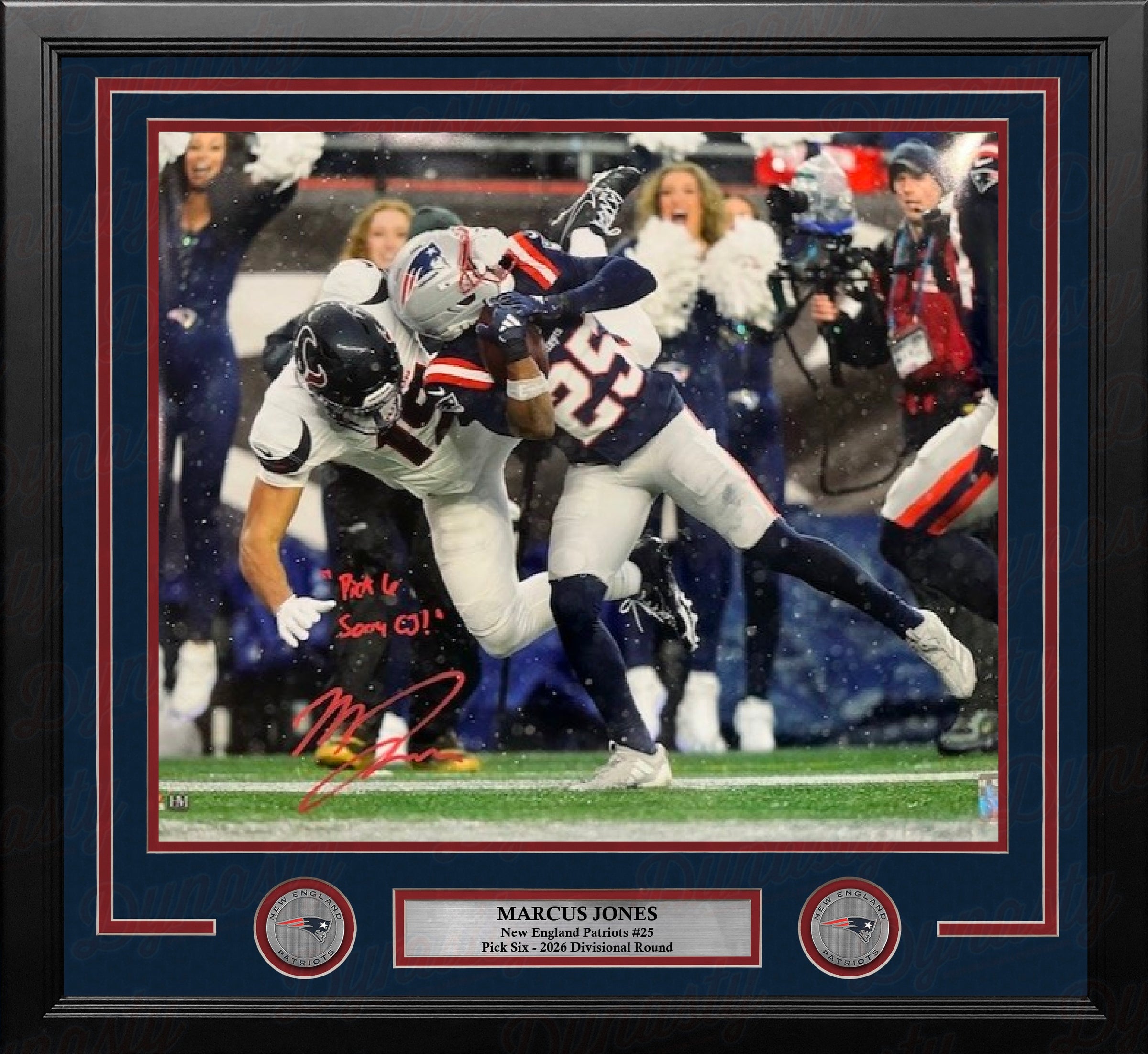 Marcus Jones Patriots Signed Pick Six 16" x 20" Inscribed Framed Photo